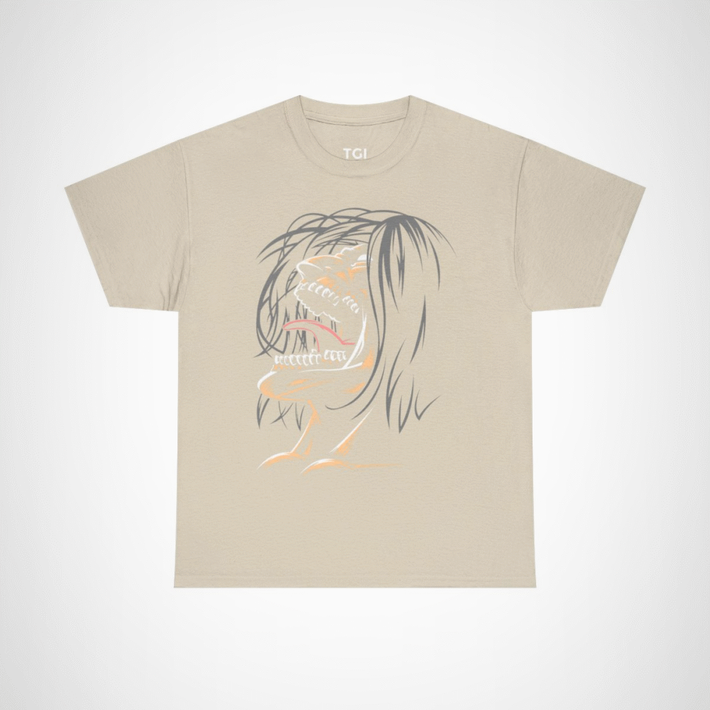 Fierce Grinning Creature T-Shirt with unique graphic design Sand colour