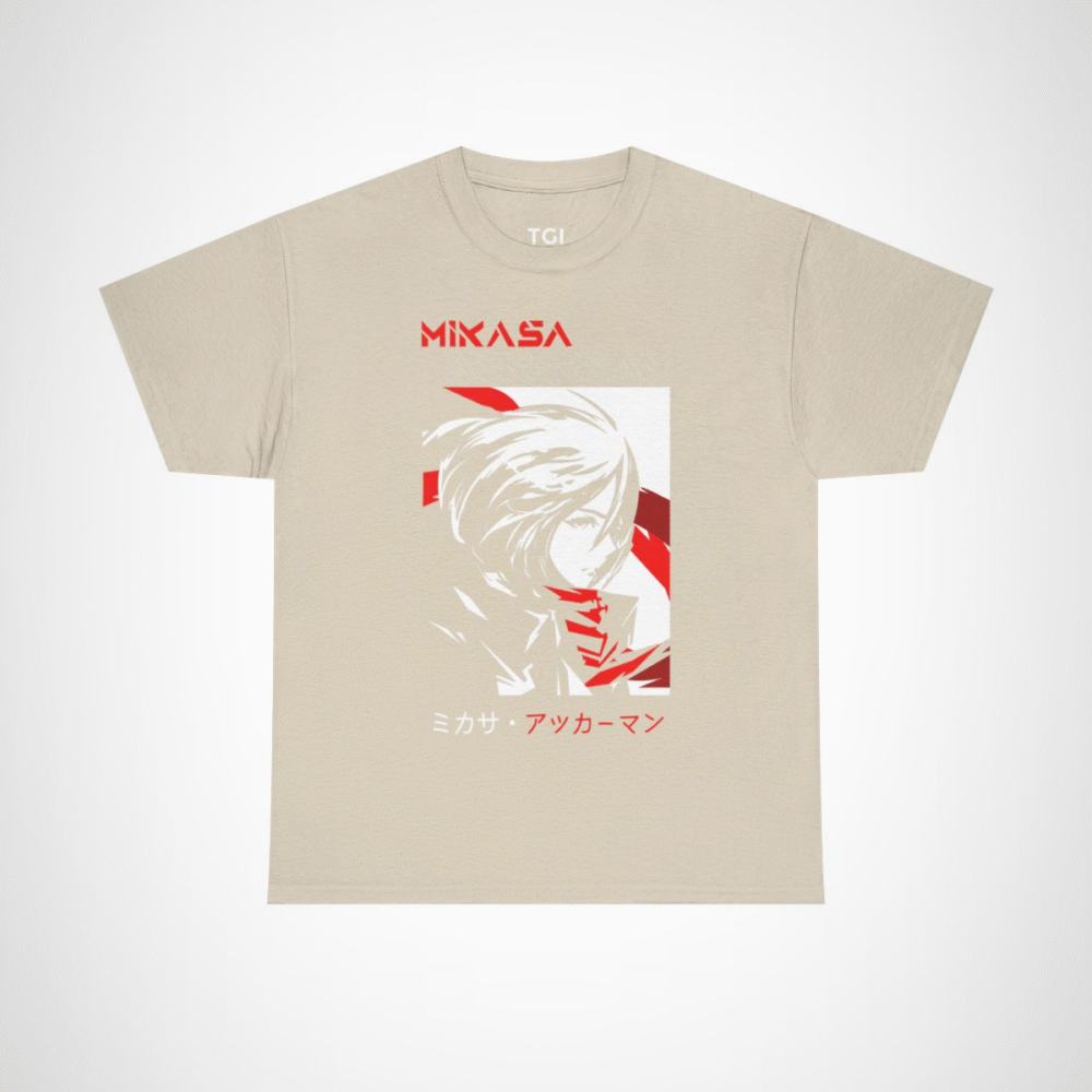 Mikasa Ackerman T-Shirt featuring vibrant artwork from Attack on Titan Sand colour