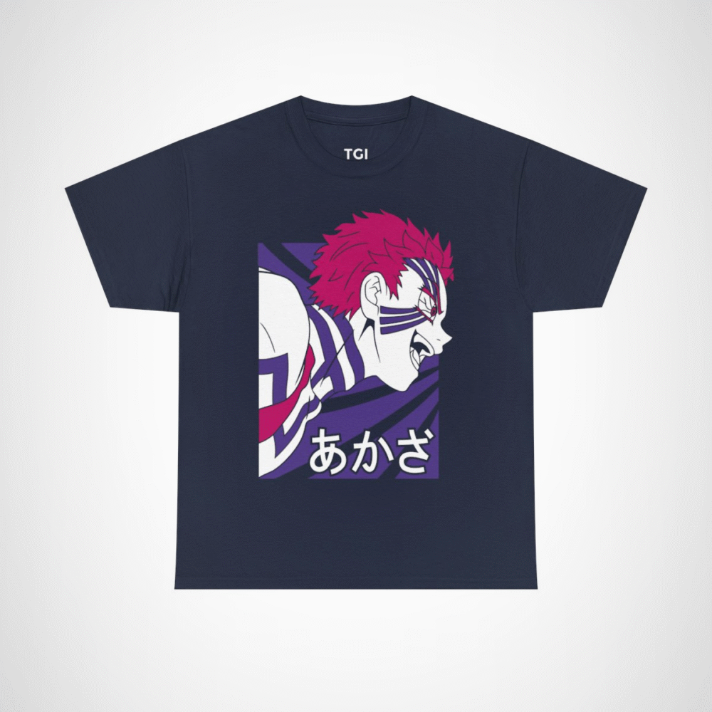 Fierce Akaza Anime Tee showcasing vibrant design and character illustration Navy colour