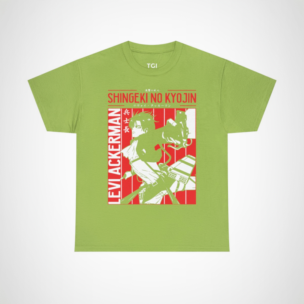Levi Ackerman graphic t-shirt from Attack on Titan, perfect for anime fans Kiwi colour