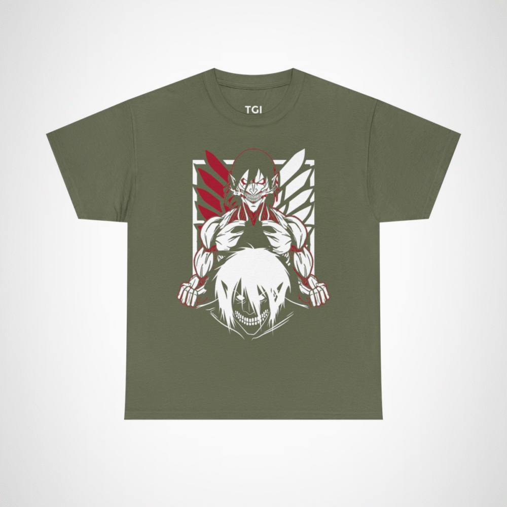 Epic Dual Faces Anime T-Shirt showcasing striking design and expressions Military Green colour