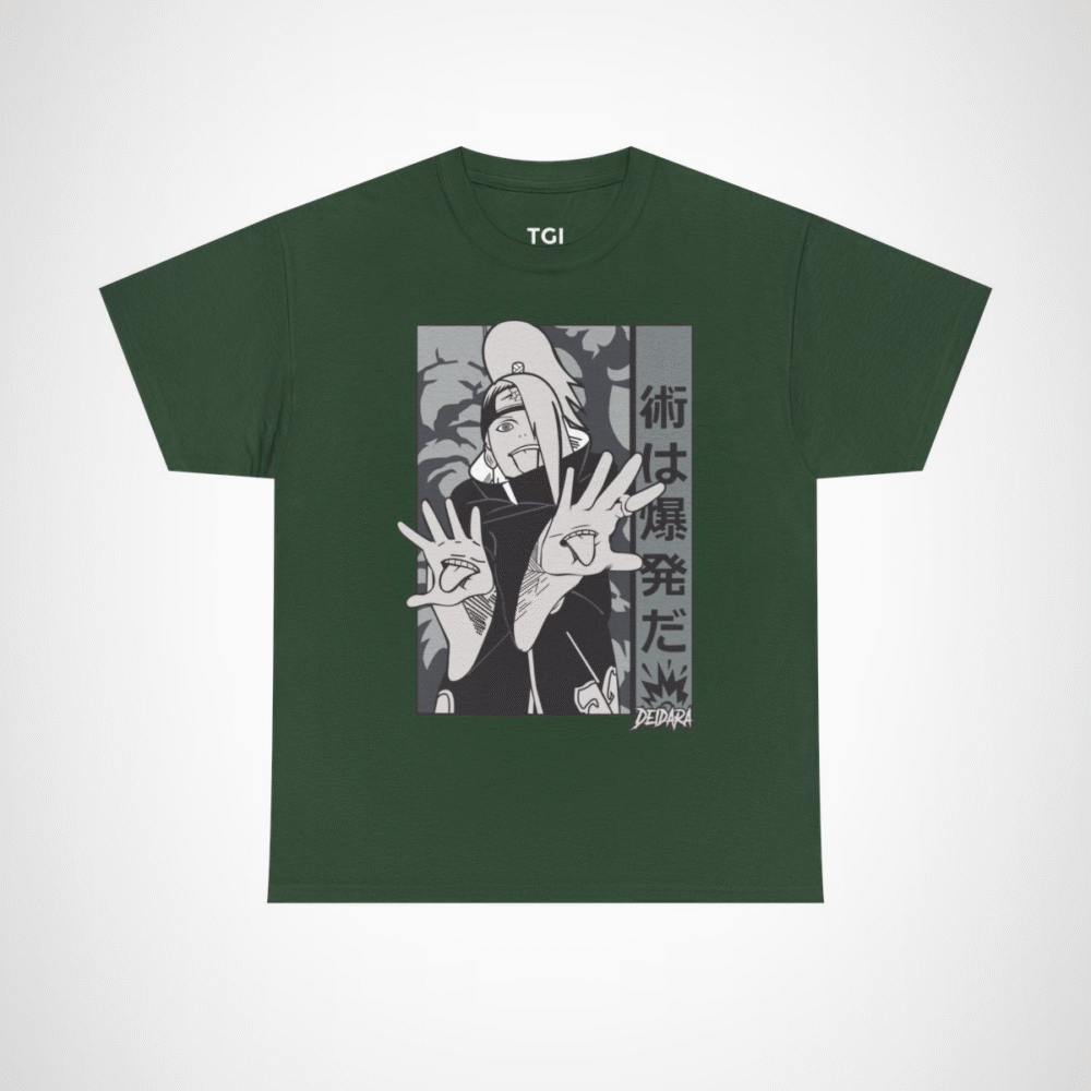 Deidara Expressionist Tee showcasing vibrant anime art and character pose Forest Green colour