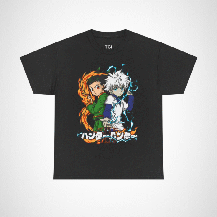 Stylish t-shirt featuring Gon and Killua from Hunter x Hunter, perfect for anime fans. Black colour