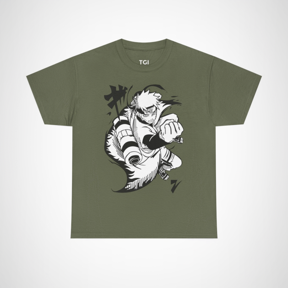 Epic Ninja Adventure T-Shirt featuring an action-packed anime character Military Green colour