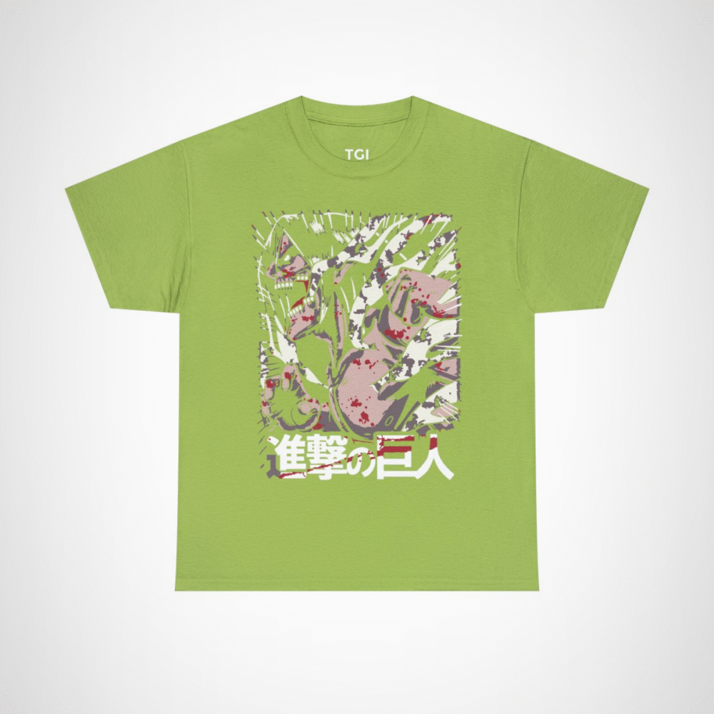 Fierce Attack on Titan inspired t-shirt featuring iconic character design Kiwi colour