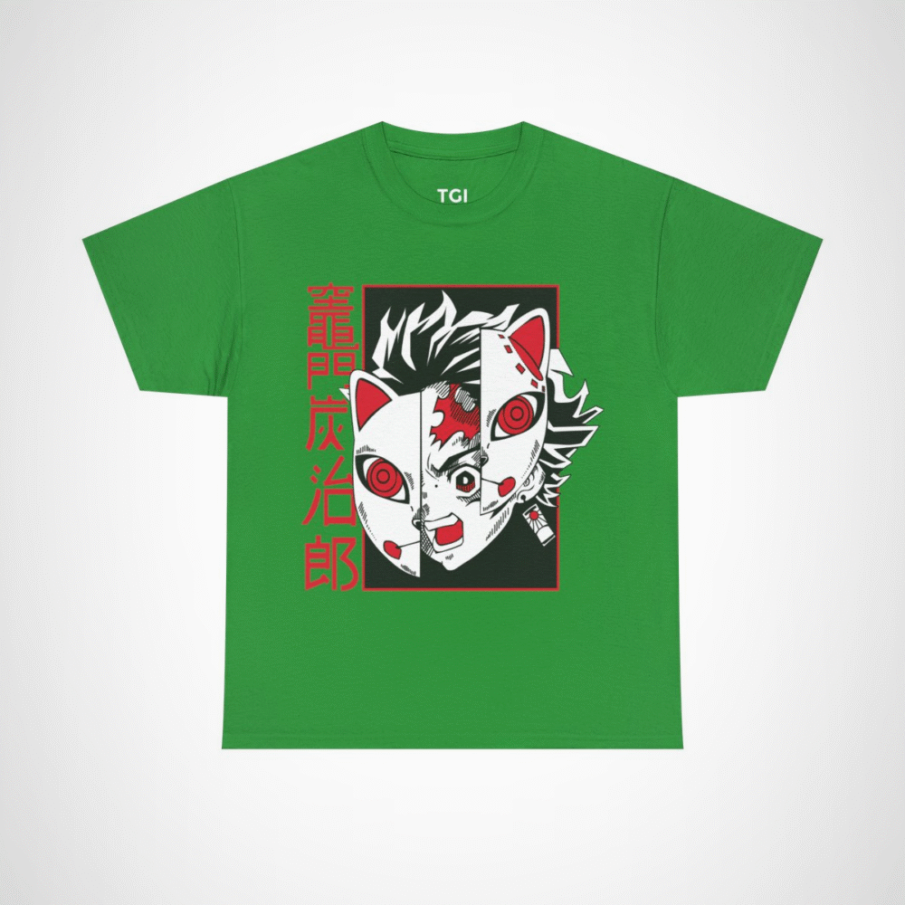 Bold Oni Mask Tee featuring intricate Oni design Irish Green colour