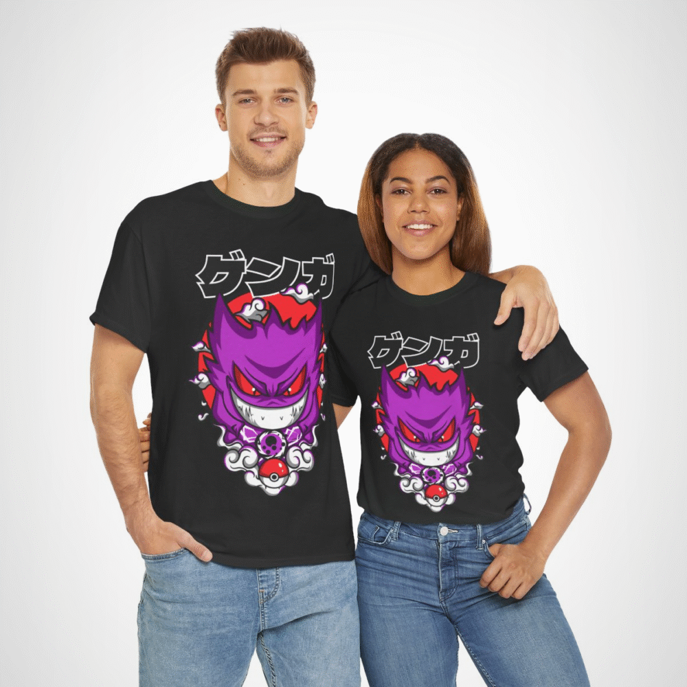 Gengar Ghostly Adventures T-Shirt featuring vibrant design and swirling clouds