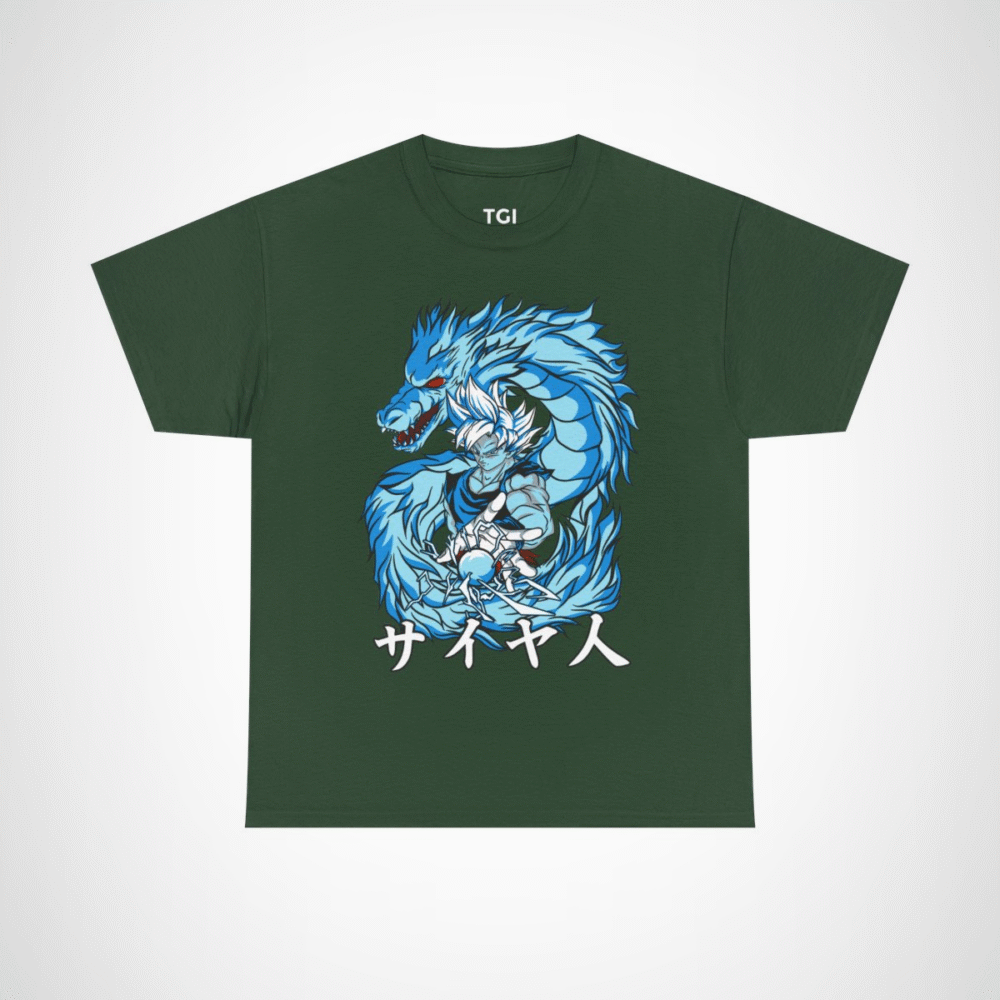 Epic Saiyan Dragon Power Graphic Tee for anime enthusiasts Forest Green colour