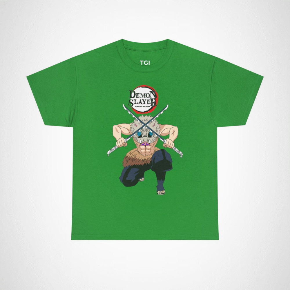 Demon Slayer T-Shirt with fierce warrior design and dual swords Irish Green colour