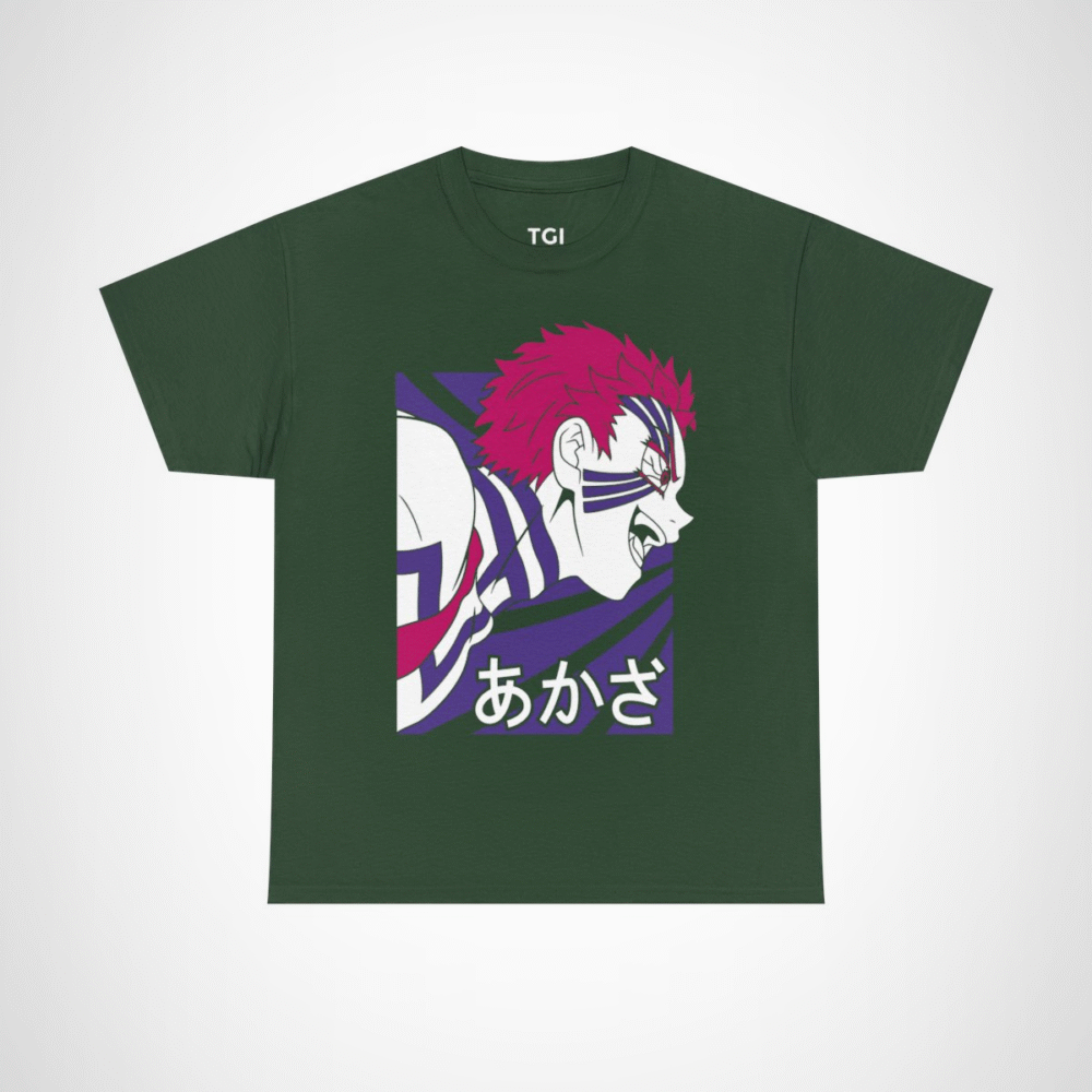 Fierce Akaza Anime Tee showcasing vibrant design and character illustration Forest Green colour