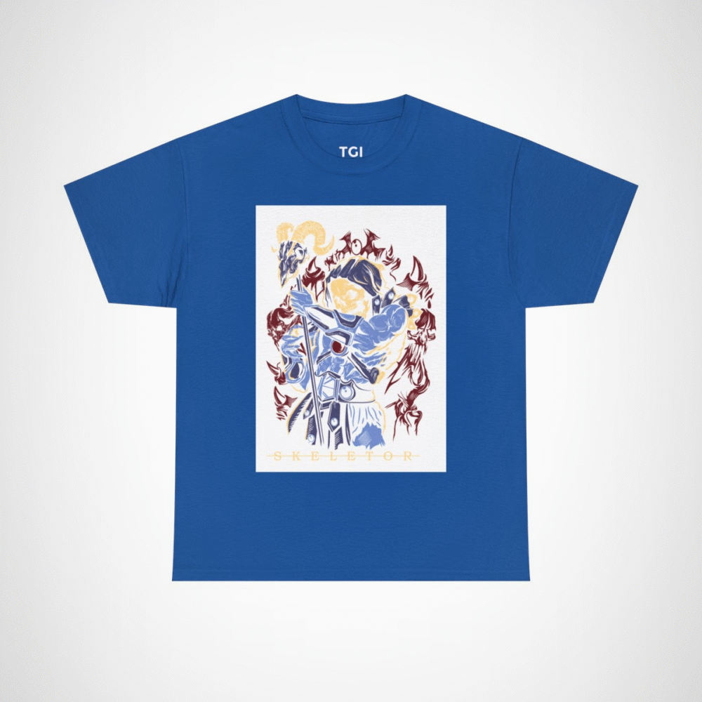 SKELETOR graphic t-shirt showcasing an intense villain design Royal colour