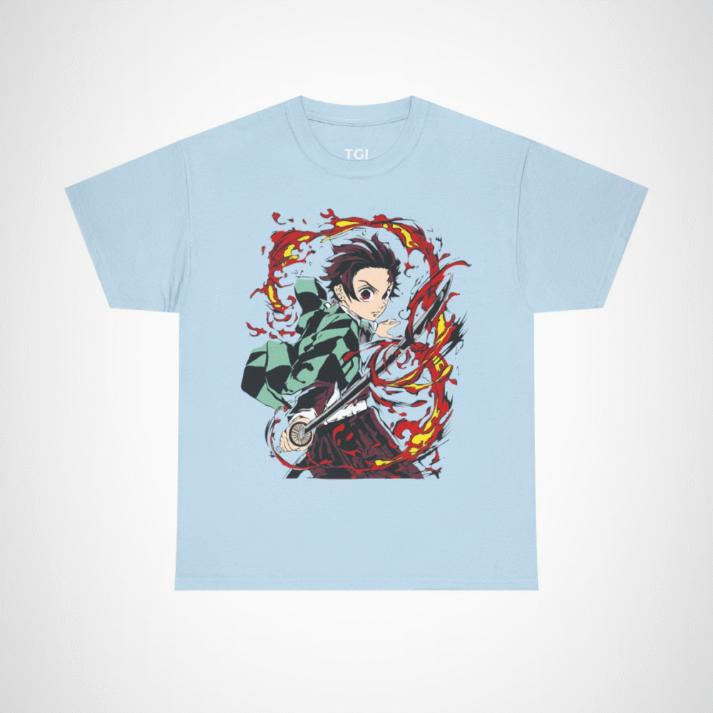 Fierce Samurai Warrior T-Shirt showcasing dynamic anime inspired design Light Blue colour