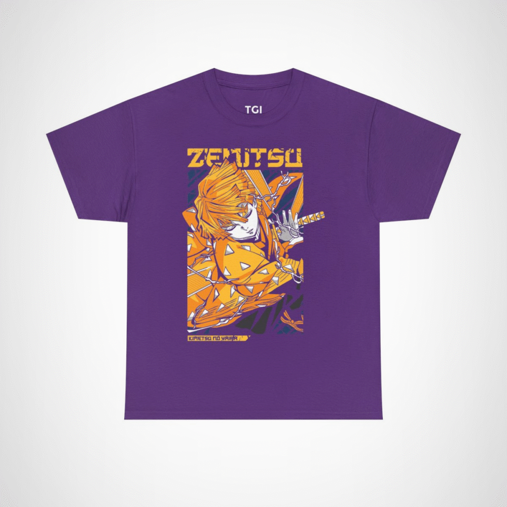 Vibrant Zenitsu Agatsuma T-Shirt featuring dynamic anime artwork Purple colour