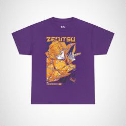 Vibrant Zenitsu Agatsuma T-Shirt featuring dynamic anime artwork Purple colour