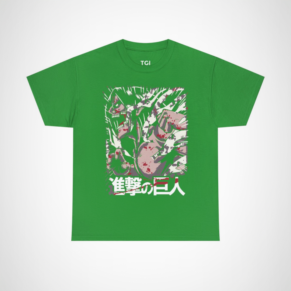 Fierce Attack on Titan inspired t-shirt featuring iconic character design Irish Green colour