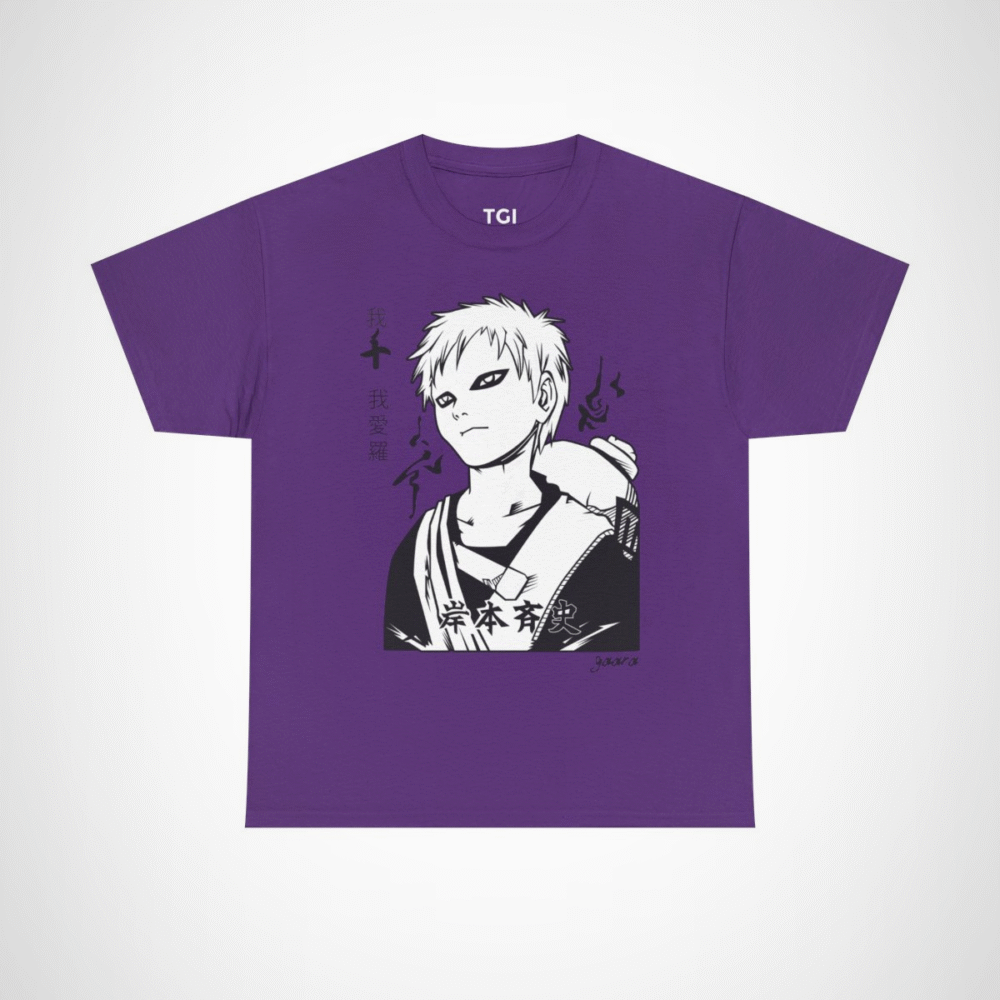 Monochrome manga character line art t-shirt for manga fans Purple colour