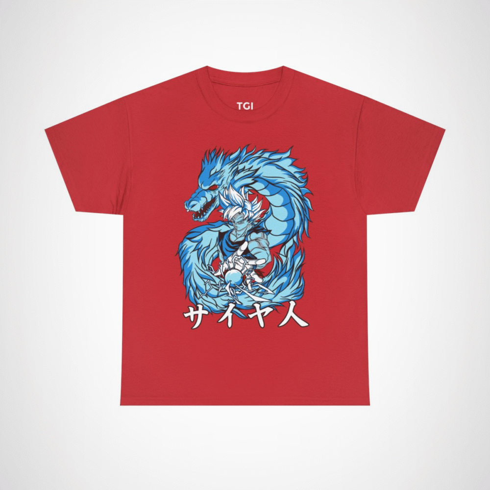 Epic Saiyan Dragon Power Graphic Tee for anime enthusiasts Red colour