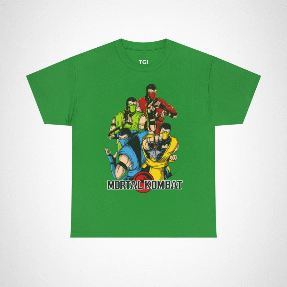 Epic Mortal Kombat Ninja Showdown T-Shirt featuring vibrant ninja design Irish Green colour