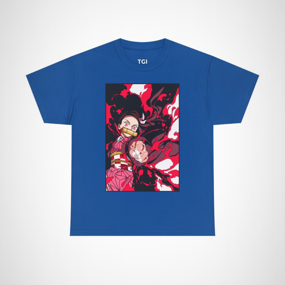 Fierce anime character graphic t-shirt for anime enthusiasts Royal colour