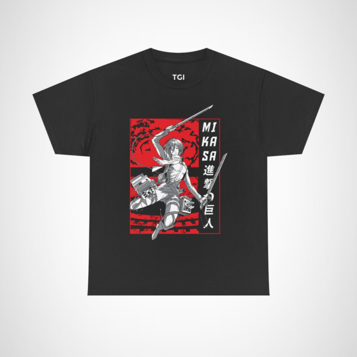 Mikasa Ackerman Attack on Titan T-Shirt design with vibrant graphics Black colour