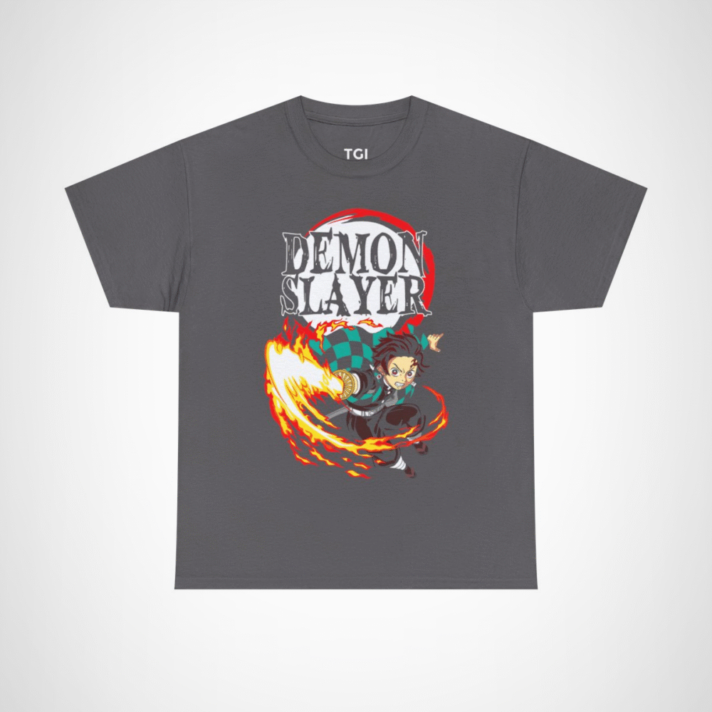 Demon Slayer Fiery Hero T-Shirt with dynamic anime character design Charcoal colour