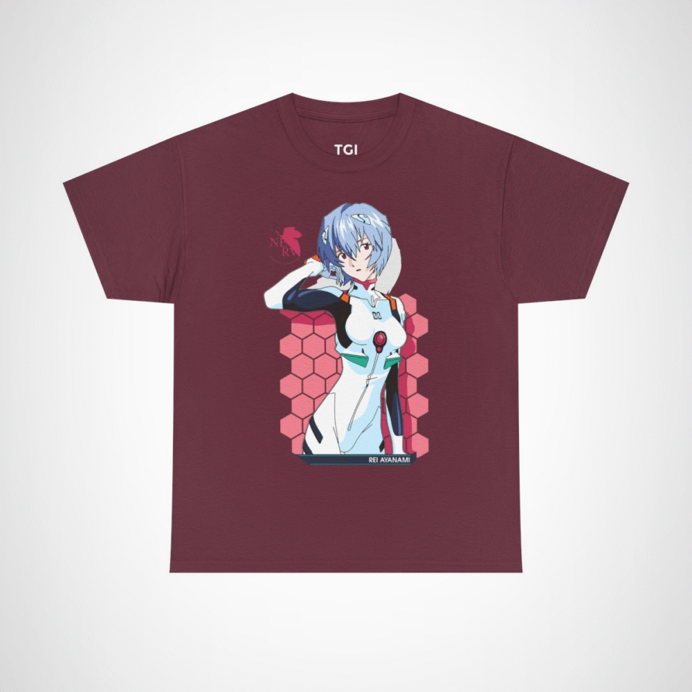Rei Ayanami Neon Genesis Evangelion T-Shirt design featuring vibrant artwork Maroon colour