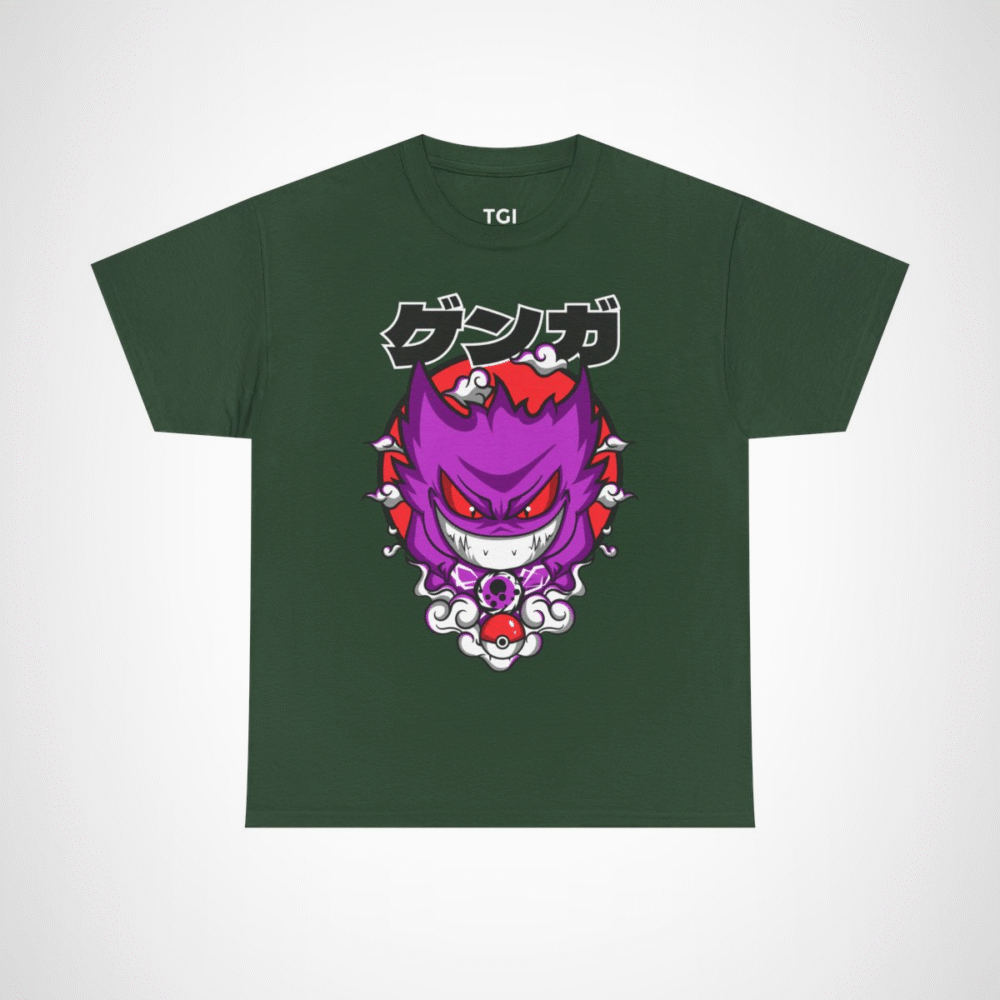 Gengar Ghostly Adventures T-Shirt featuring vibrant design and swirling clouds Forest Green colour