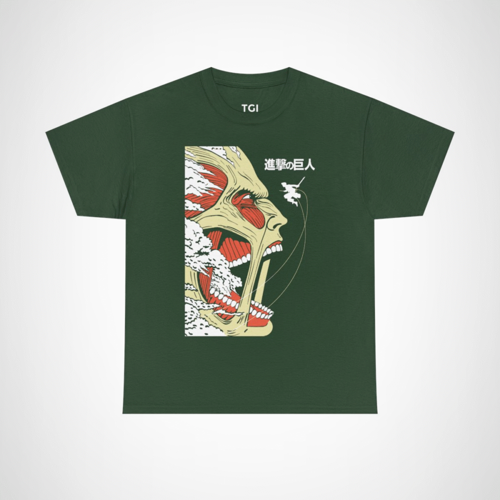 Epic Titan Face Attack on Titan T-Shirt showcasing bold anime design Forest Green colour