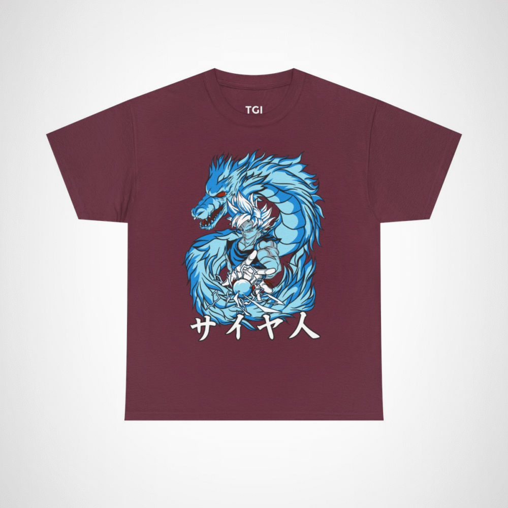 Epic Saiyan Dragon Power Graphic Tee for anime enthusiasts Maroon colour