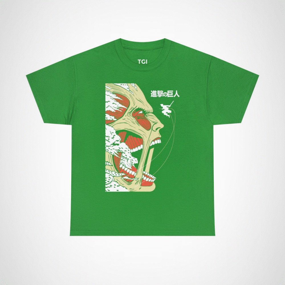 Epic Titan Face Attack on Titan T-Shirt showcasing bold anime design Irish Green colour