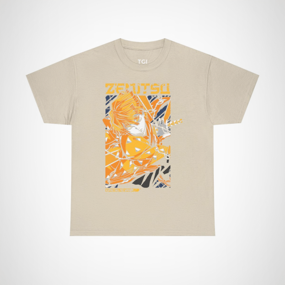 Vibrant Zenitsu Agatsuma T-Shirt featuring dynamic anime artwork Sand colour