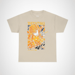Vibrant Zenitsu Agatsuma T-Shirt featuring dynamic anime artwork Sand colour