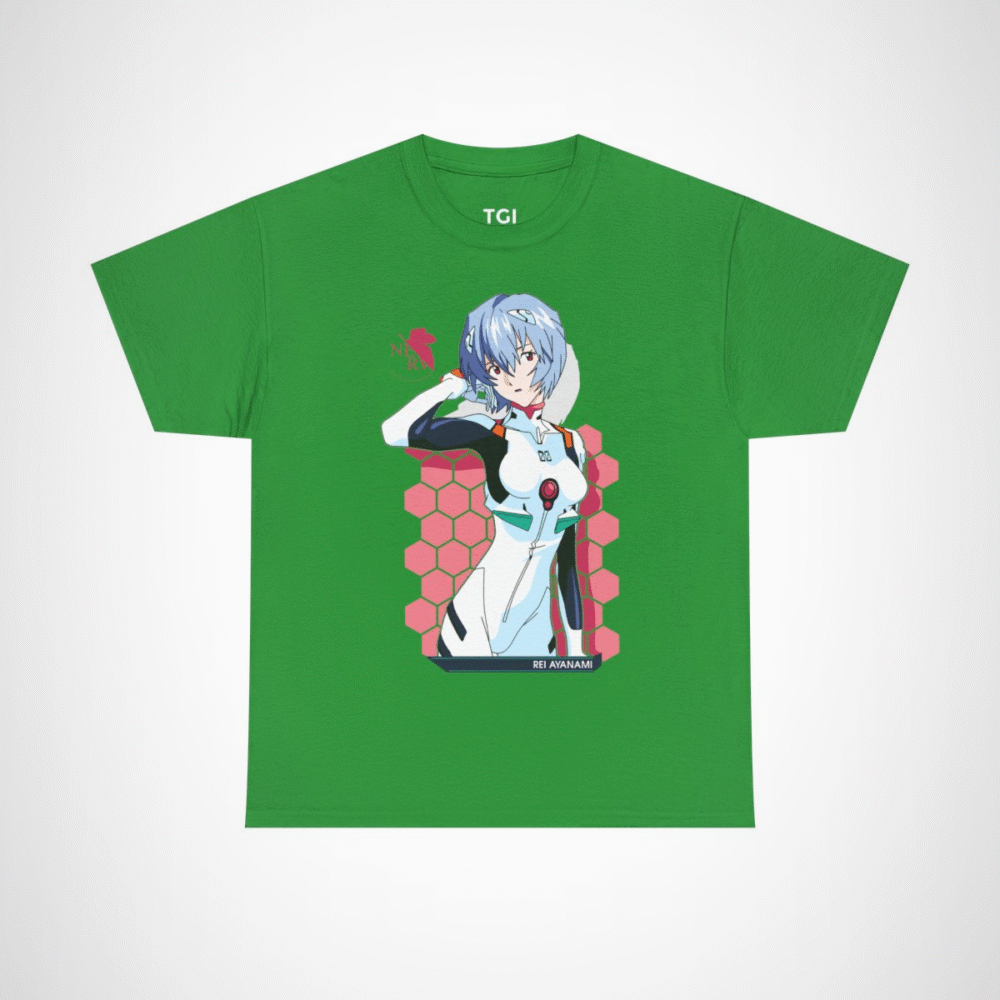 Rei Ayanami Neon Genesis Evangelion T-Shirt design featuring vibrant artwork Irish Green colour