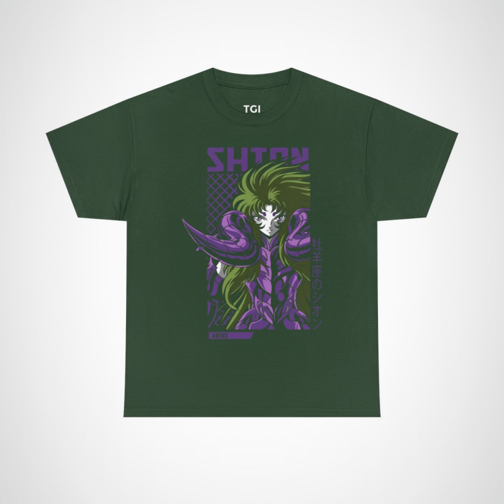Aries Shion Mythical Warrior T-Shirt featuring stunning anime art Forest Green colour
