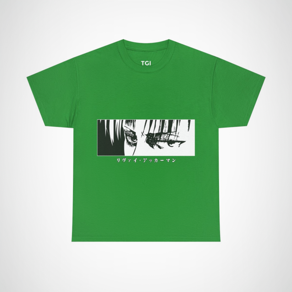 Graphic tee featuring Levi Ackerman's iconic eyes Irish Green colour