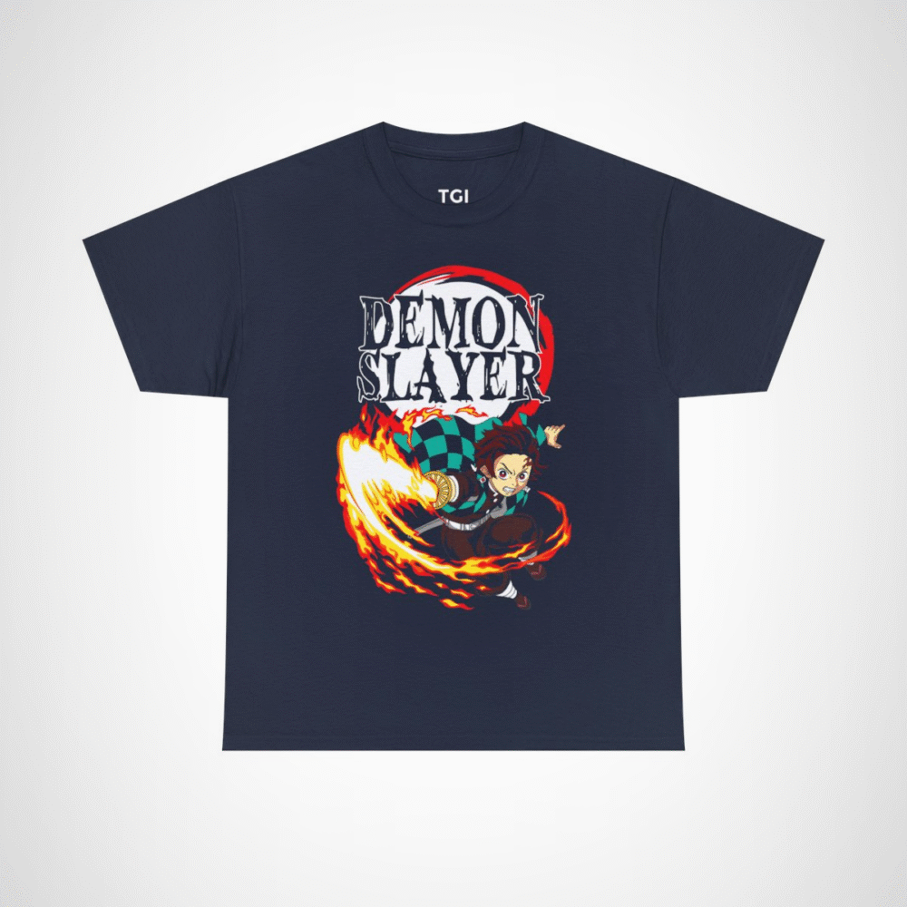 Demon Slayer Fiery Hero T-Shirt with dynamic anime character design Navy colour