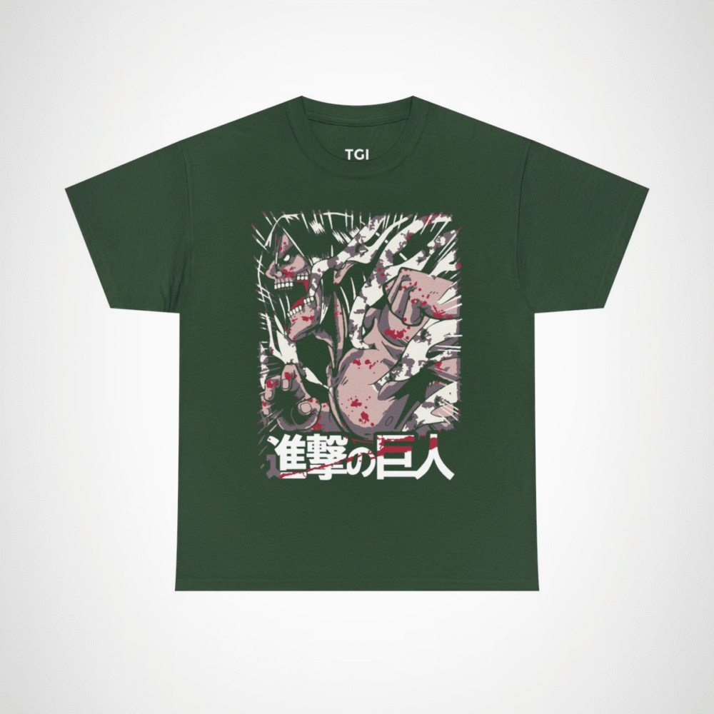 Fierce Attack on Titan inspired t-shirt featuring iconic character design Forest Green colour