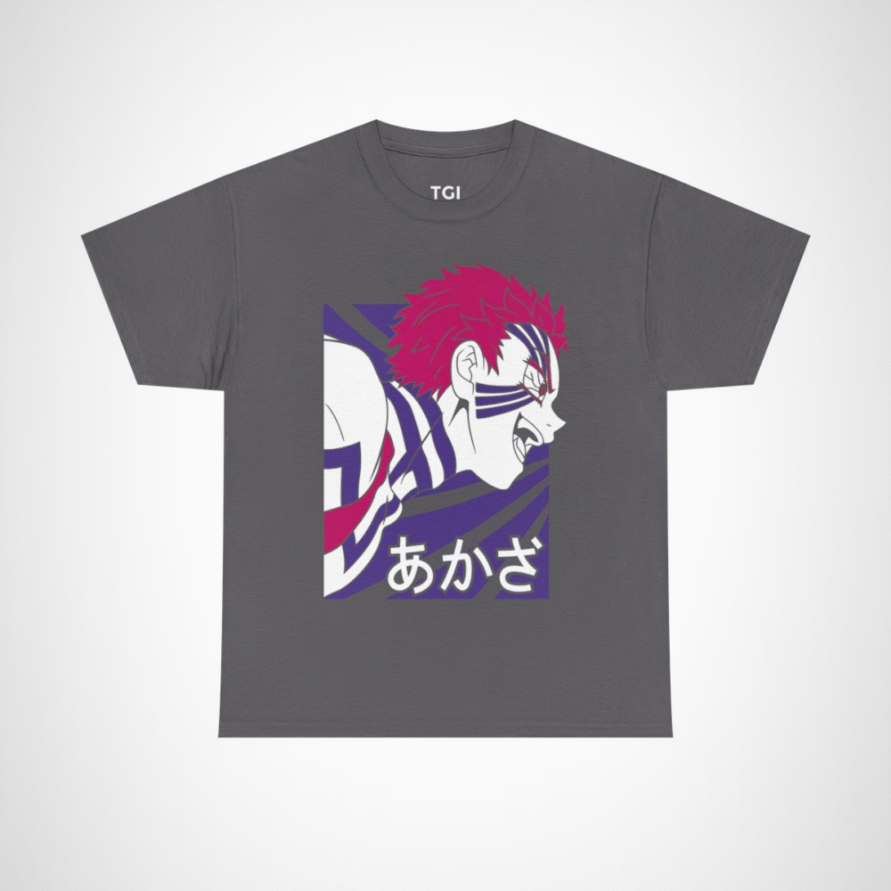 Fierce Akaza Anime Tee showcasing vibrant design and character illustration Charcoal colour