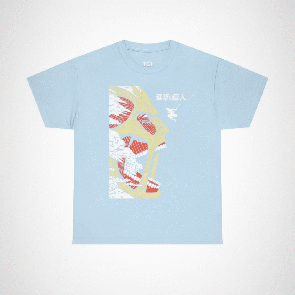 Epic Titan Face Attack on Titan T-Shirt showcasing bold anime design Light Blue colour