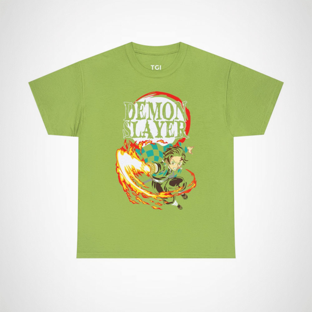 Demon Slayer Fiery Hero T-Shirt with dynamic anime character design Kiwi colour