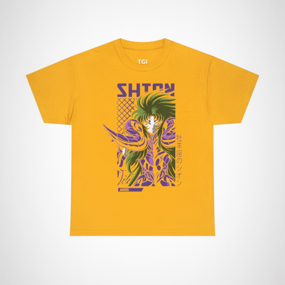 Aries Shion Mythical Warrior T-Shirt featuring stunning anime art Gold colour