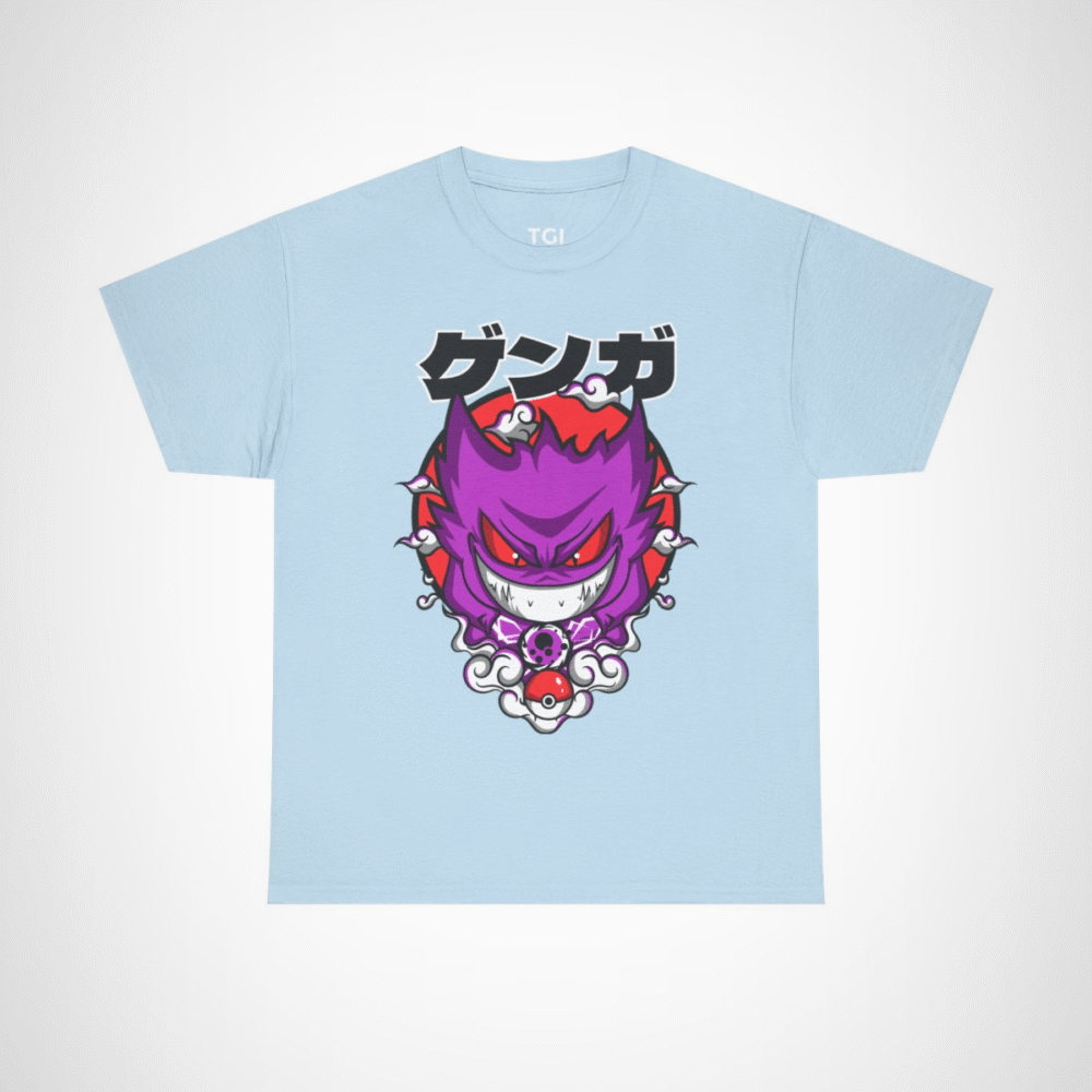 Gengar Ghostly Adventures T-Shirt featuring vibrant design and swirling clouds Light Blue colour