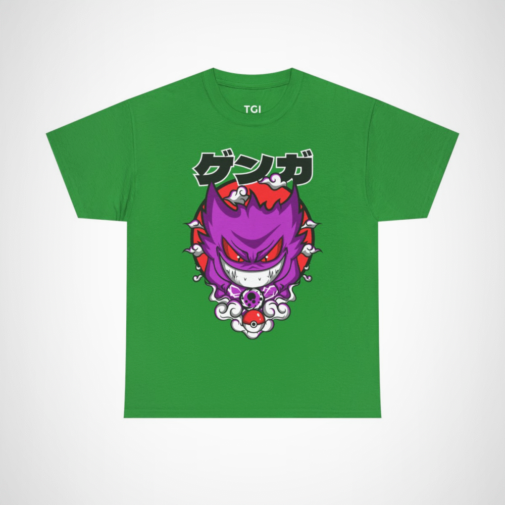 Gengar Ghostly Adventures T-Shirt featuring vibrant design and swirling clouds Irish Green colour