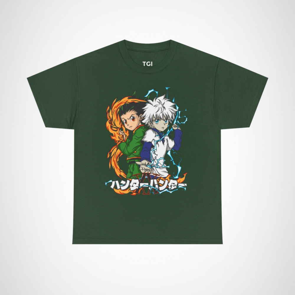 Stylish t-shirt featuring Gon and Killua from Hunter x Hunter, perfect for anime fans. Forest Green colour