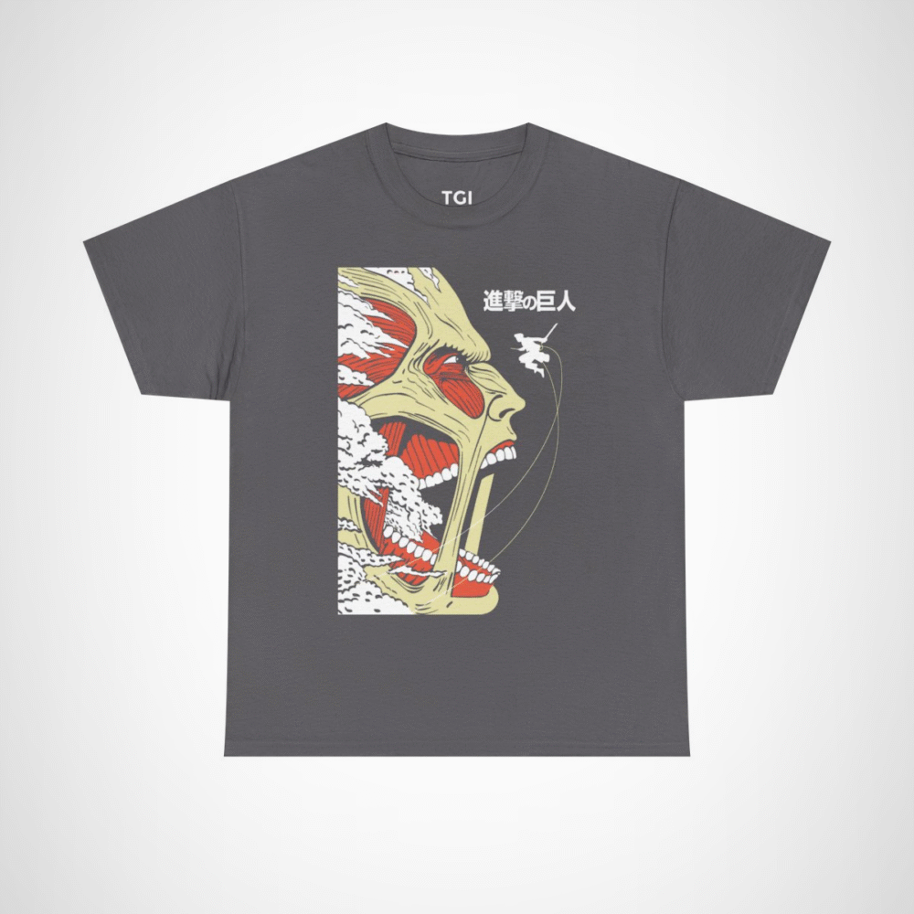 Epic Titan Face Attack on Titan T-Shirt showcasing bold anime design Charcoal colour