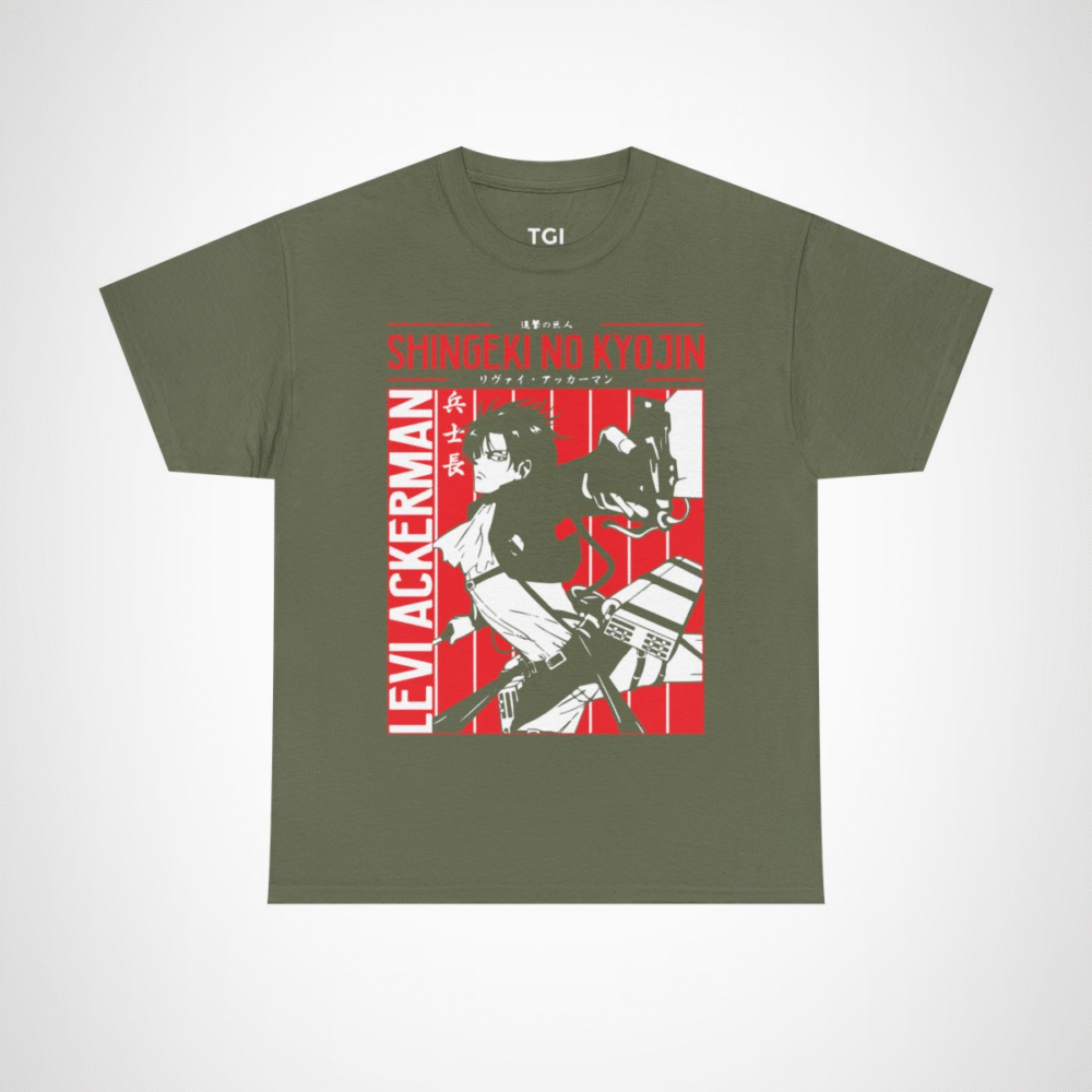Levi Ackerman graphic t-shirt from Attack on Titan, perfect for anime fans Military Green colour