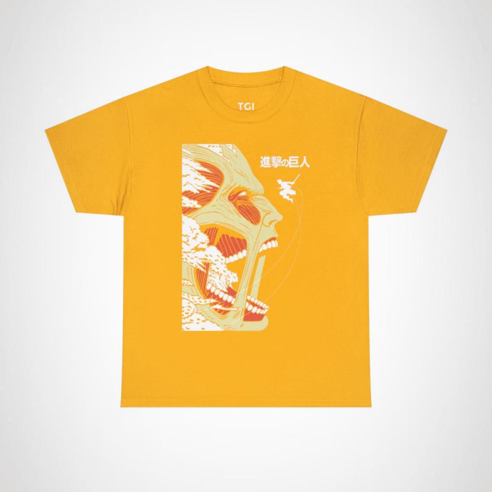Epic Titan Face Attack on Titan T-Shirt showcasing bold anime design Gold colour