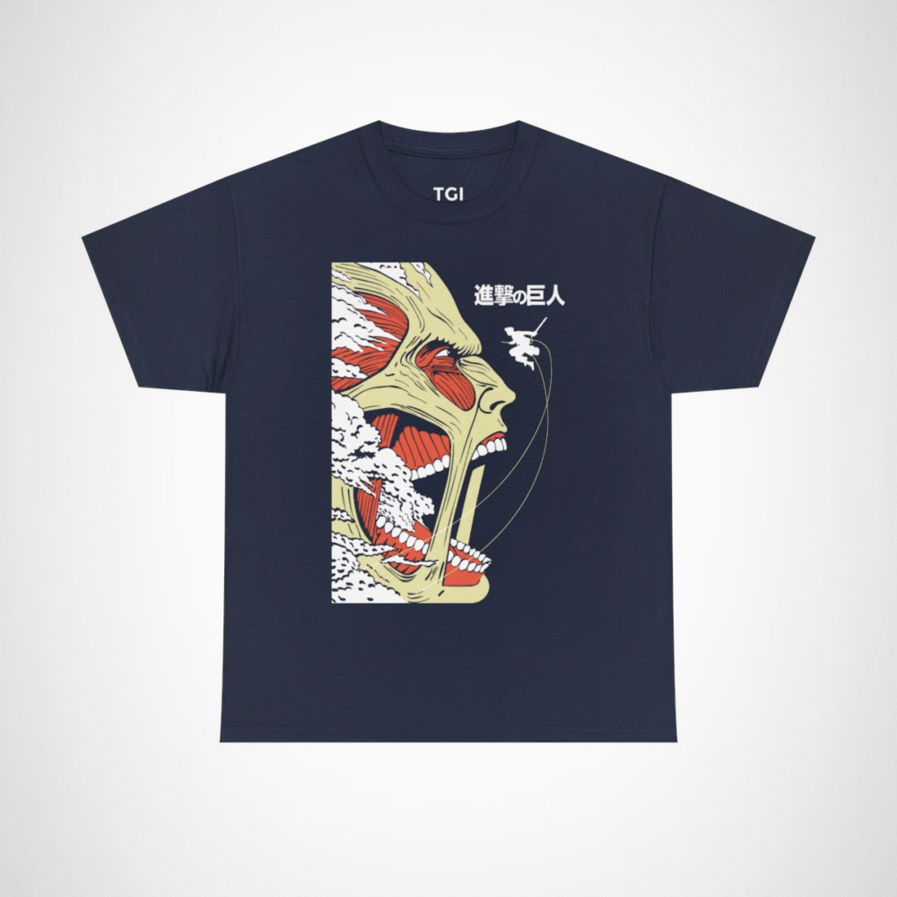 Epic Titan Face Attack on Titan T-Shirt showcasing bold anime design Navy colour