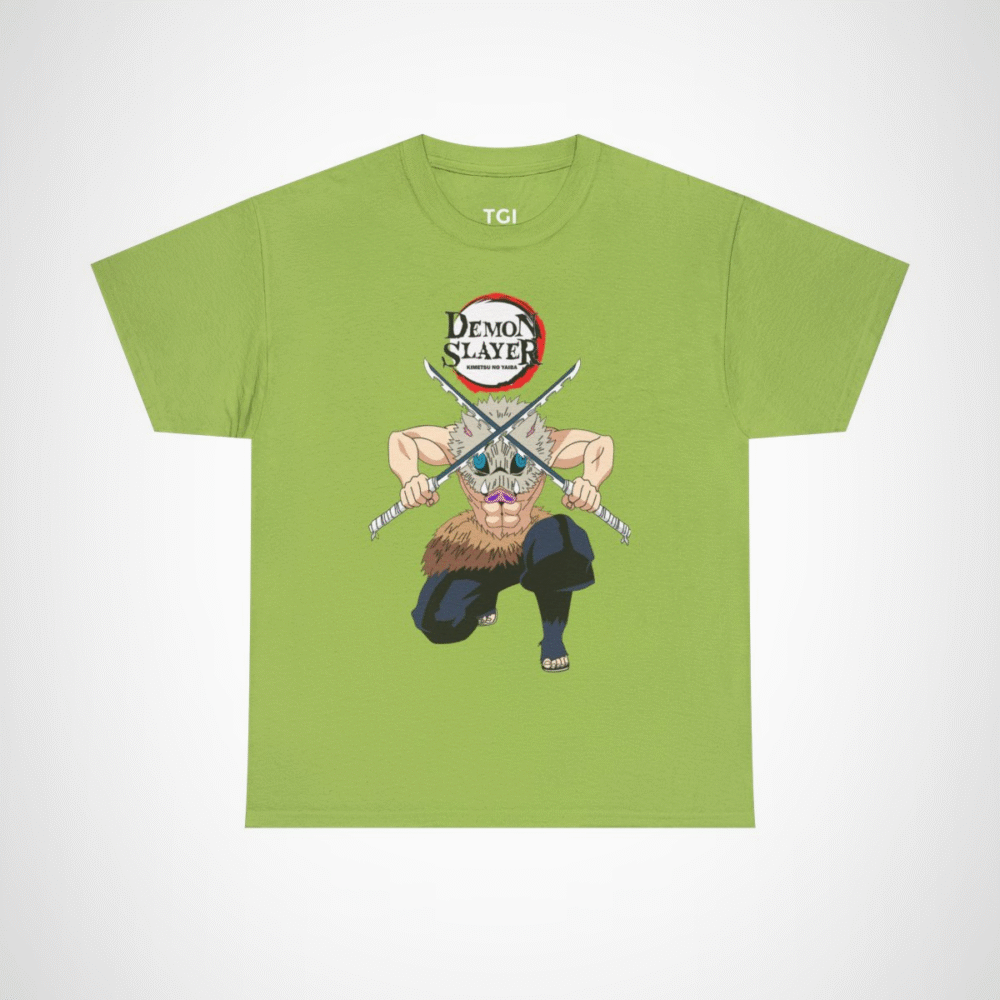 Demon Slayer T-Shirt with fierce warrior design and dual swords Kiwi colour