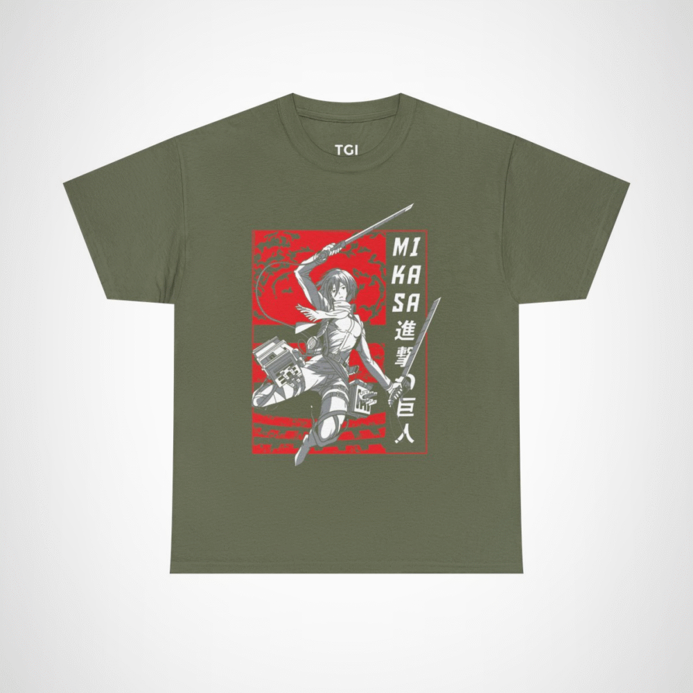 Mikasa Ackerman Attack on Titan T-Shirt design with vibrant graphics Military Green colour